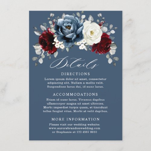 Slate Blue Burgundy White Ivory Floral Wedding  En Enclosure Card