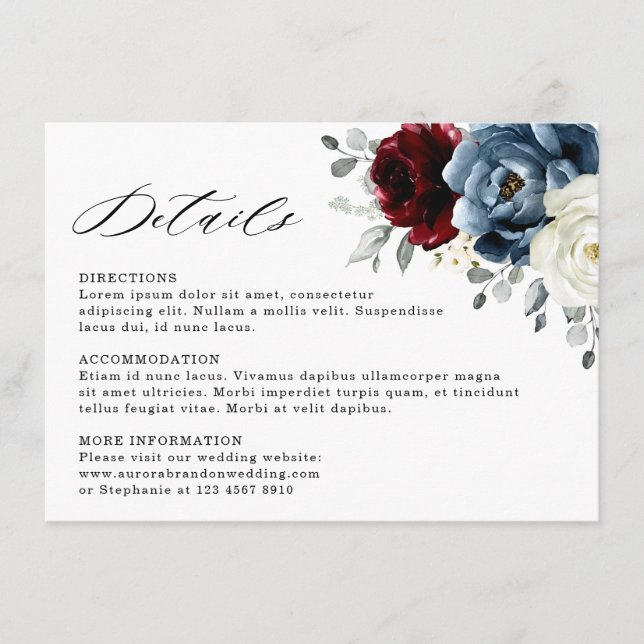 Slate Blue Burgundy White Ivory Floral Wedding  Enclosure Card (Front)