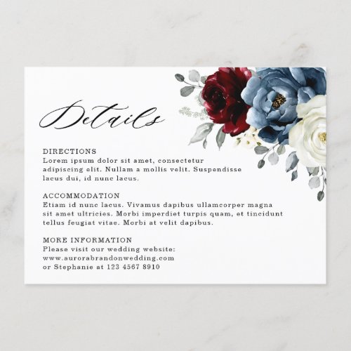 Slate Blue Burgundy White Ivory Floral Wedding  Enclosure Card