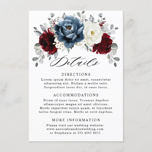 Slate Blue Burgundy White Ivory Floral Wedding  Enclosure Card