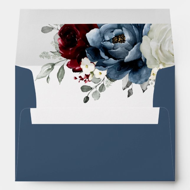 Slate Blue Burgundy White Ivory Floral Wedding  Envelope (Back (Bottom))