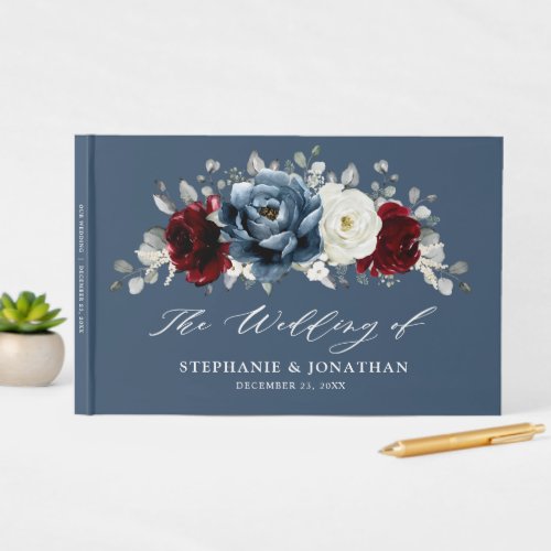 Slate Blue Burgundy White Ivory Floral Wedding  Gu Guest Book