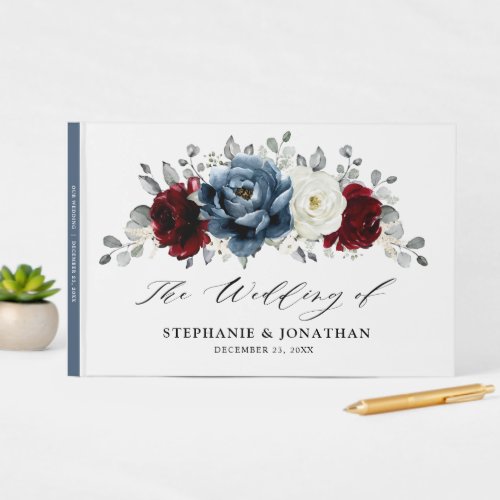 Slate Blue Burgundy White Ivory Floral Wedding  Guest Book