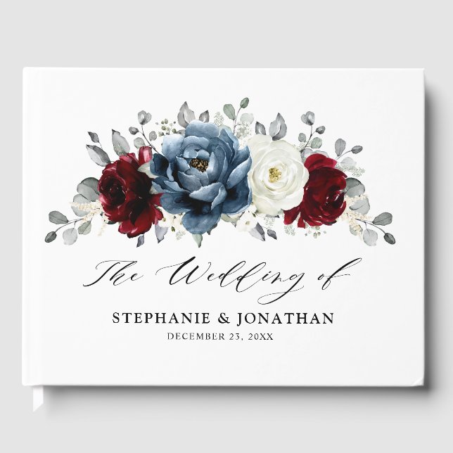 Slate Blue Burgundy White Ivory Floral Wedding  Guest Book (Front)