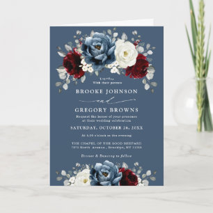 Slate Blue Burgundy White Ivory Floral Wedding In Invitation