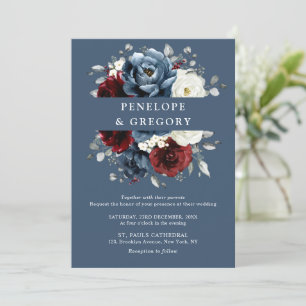 Slate Blue Burgundy White Ivory Floral Wedding In Invitation