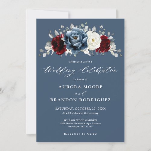 Slate Blue Burgundy White Ivory Floral Wedding  In Invitation