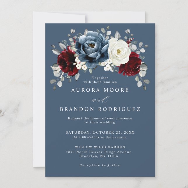 Slate Blue Burgundy White Ivory Floral Wedding Inv Invitation (Front)