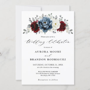 Slate Blue Burgundy White Ivory Floral Wedding Invitation