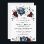 Slate Blue Burgundy White Ivory Floral Wedding  Invitation<br><div class="desc">Slate,  Burgundy,  White ivory themed floral wedding Invitation featuring elegant bouquet of burgundy,  slate,  dusty blue,  ivory roses and peony flowers and dusty green eucalyptus leaves. Please contact me for any help in customization or if you need any other product</div>