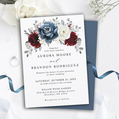 Slate Blue Burgundy White Ivory Floral Wedding Invitation
