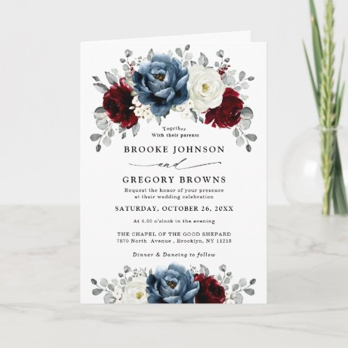 Slate Blue Burgundy White Ivory Floral Wedding  Invitation