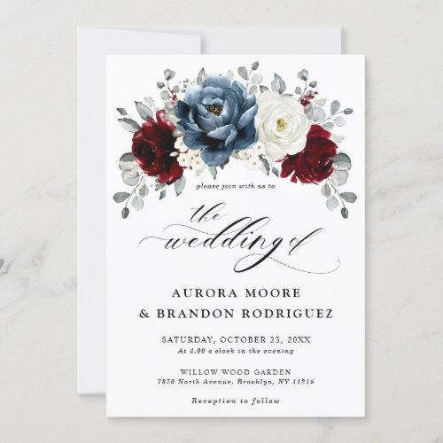 Slate Blue Burgundy White Ivory Floral Wedding  Invitation