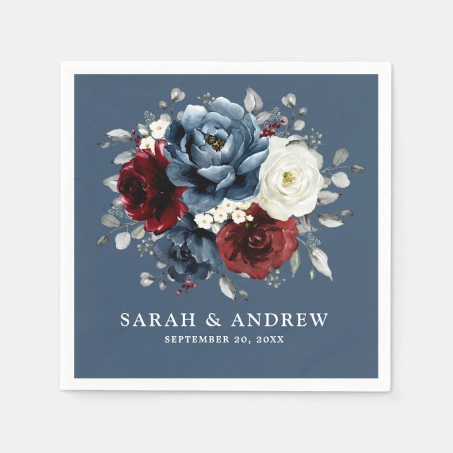 Slate Blue Burgundy White Ivory Floral Wedding  Na Napkins (Front)
