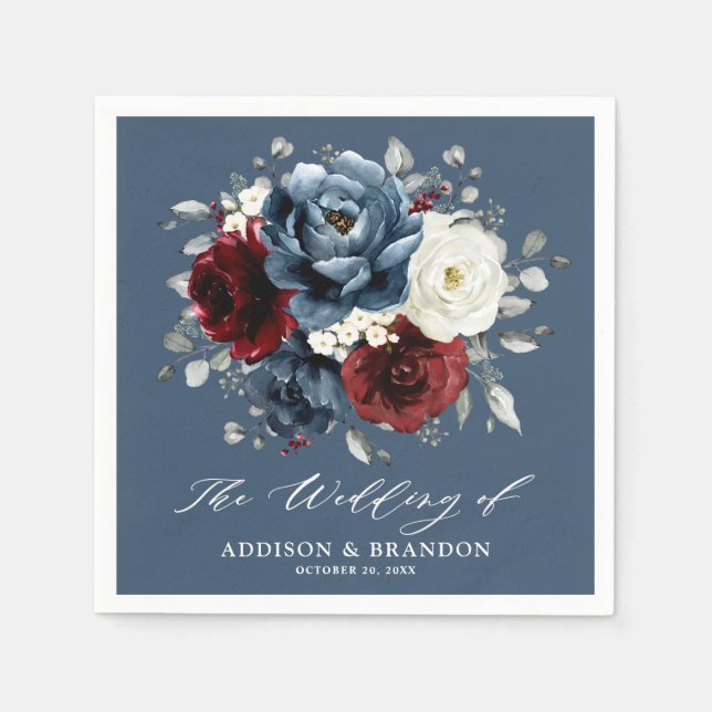 Slate Blue Burgundy White Ivory Floral Wedding  Na Napkins (Front)