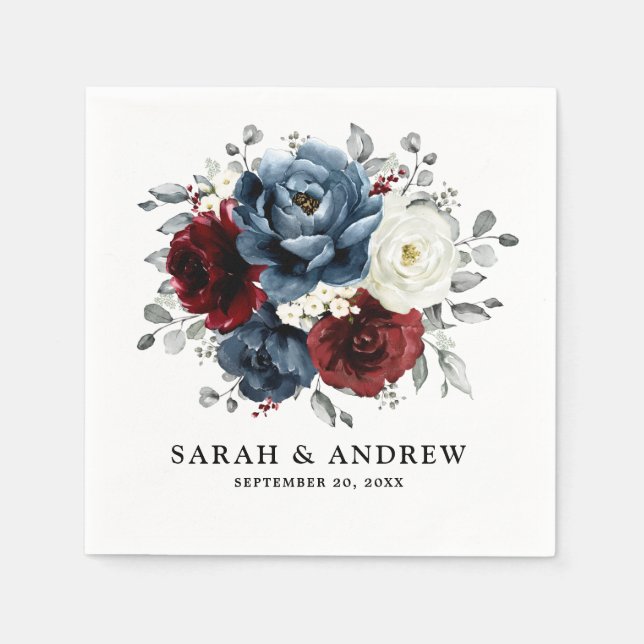 Slate Blue Burgundy White Ivory Floral Wedding  Napkins (Front)