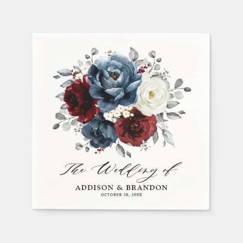 Slate Blue Burgundy White Ivory Floral Wedding Napkins