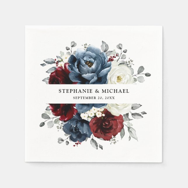 Slate Blue Burgundy White Ivory Floral Wedding  Napkins (Front)