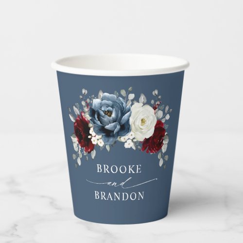Slate Blue Burgundy White Ivory Floral Wedding  Pa Paper Cups