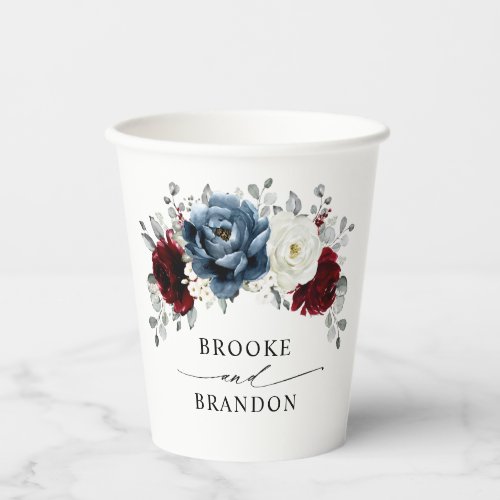 Slate Blue Burgundy White Ivory Floral Wedding  Paper Cups