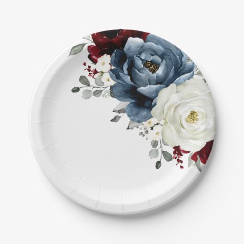 Slate Blue Burgundy White Ivory Floral Wedding  Paper Plates