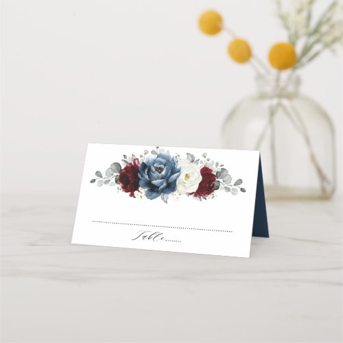 Slate Blue Burgundy White Ivory Floral Wedding  Place Card