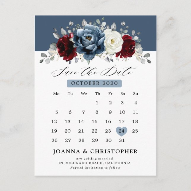 Slate Blue Burgundy White Ivory Floral Wedding  Po Postcard (Front)