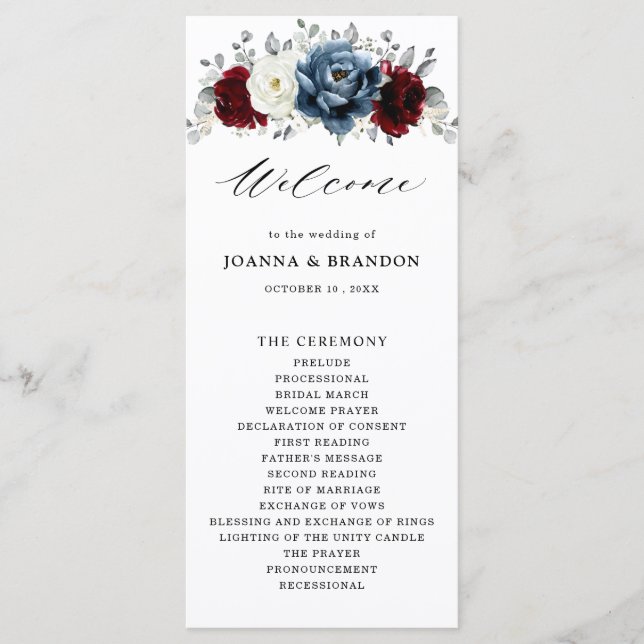 Slate Blue Burgundy White Ivory Floral Wedding  Program (Front)
