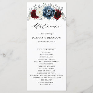 Slate Blue Burgundy White Ivory Floral Wedding  Program