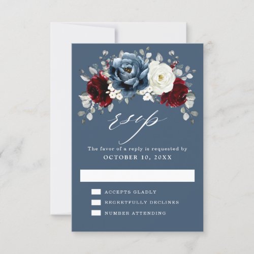 Slate Blue Burgundy White Ivory Floral Wedding  RS RSVP Card