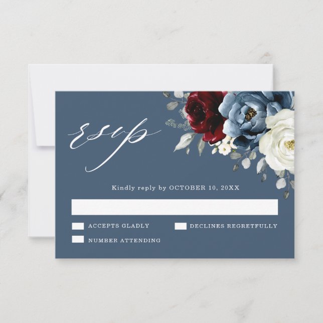 Slate Blue Burgundy White Ivory Floral Wedding RSV RSVP Card (Front)