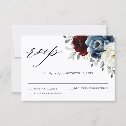 Slate Blue Burgundy White Ivory Floral Wedding RSVP Card