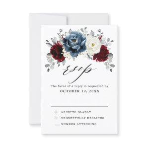 Slate Blue Burgundy White Ivory Floral Wedding  RSVP Card