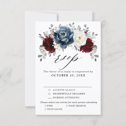 Slate Blue Burgundy White Ivory Floral Wedding  RSVP Card