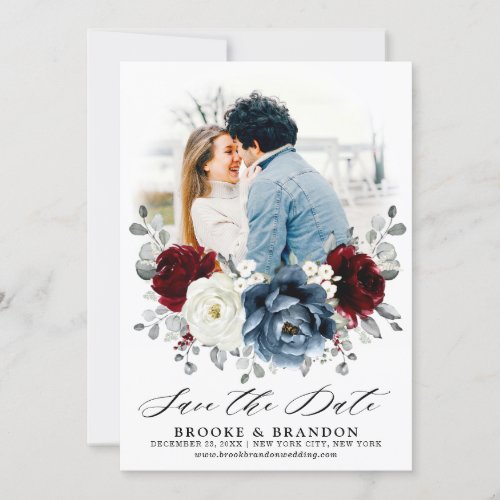Slate Blue Burgundy White Ivory Floral Wedding  Save The Date