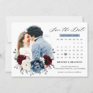 Slate Blue Burgundy White Ivory Floral Wedding  Save The Date
