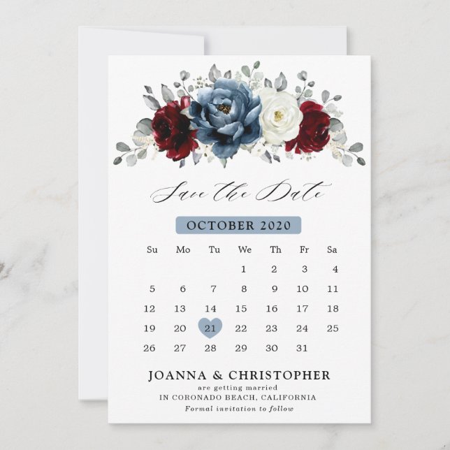 Slate Blue Burgundy White Ivory Floral Wedding  Save The Date (Front)