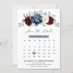 Slate Blue Burgundy White Ivory Floral Wedding  Save The Date