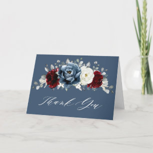 Slate Blue Burgundy White Ivory Floral Wedding Th Thank You Card