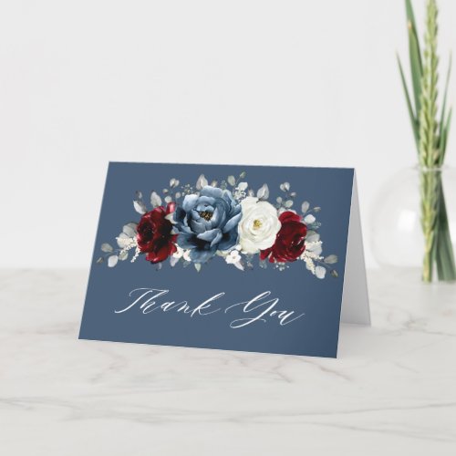 Slate Blue Burgundy White Ivory Floral Wedding  Th Thank You Card