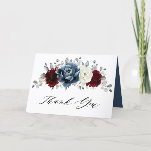 Slate Blue Burgundy White Ivory Floral Wedding  Thank You Card