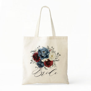 Slate Blue Burgundy White Ivory Floral Wedding  Tote Bag