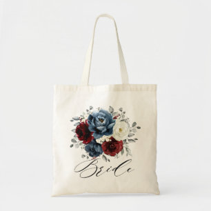 Slate Blue Burgundy White Ivory Floral Wedding  Tote Bag