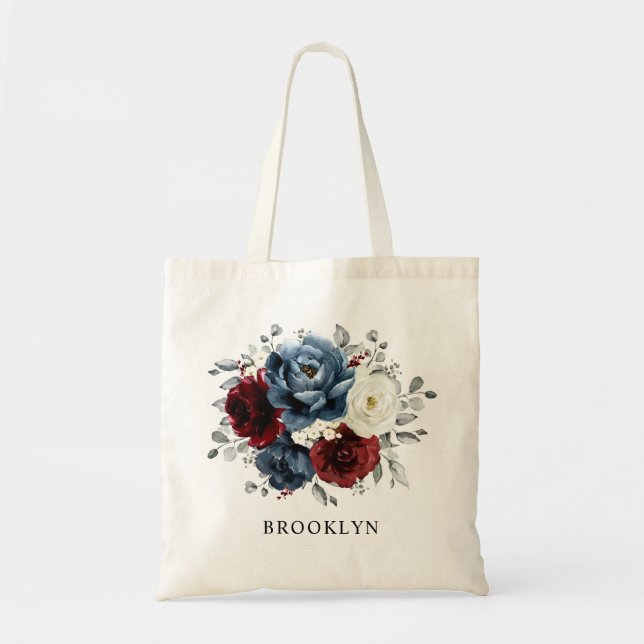 Slate Blue Burgundy White Ivory Floral Wedding  Tote Bag (Front)