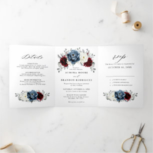 Slate Blue Burgundy White Ivory Floral Wedding Tri-Fold Announcement