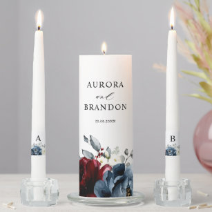 Slate Blue Burgundy White Ivory Floral Wedding  Unity Candle Set