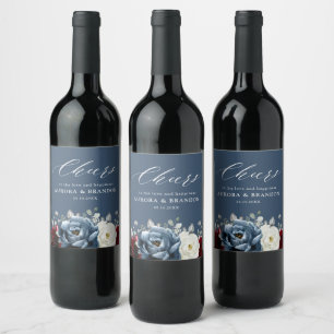 Slate Blue Burgundy White Ivory Floral Wedding Wi Wine Label