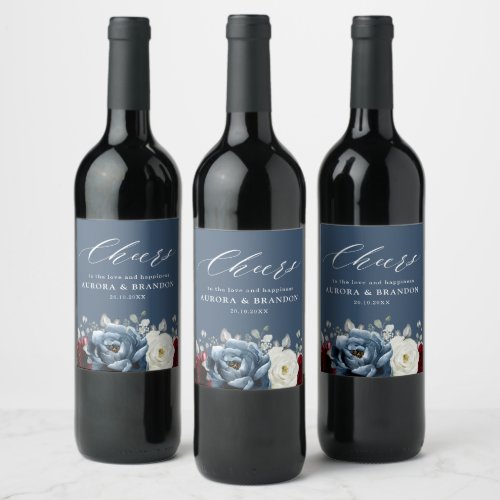 Slate Blue Burgundy White Ivory Floral Wedding  Wi Wine Label