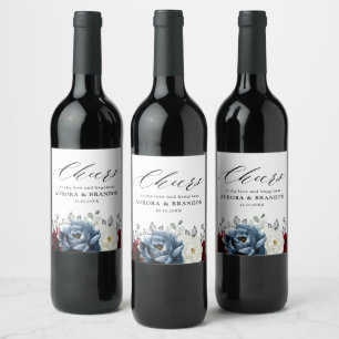 Slate Blue Burgundy White Ivory Floral Wedding Wine Label
