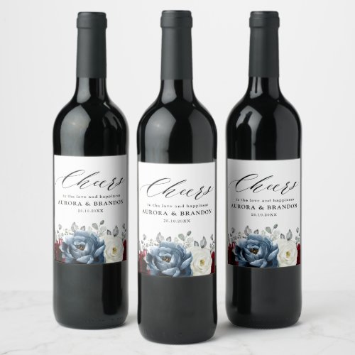 Slate Blue Burgundy White Ivory Floral Wedding  Wine Label